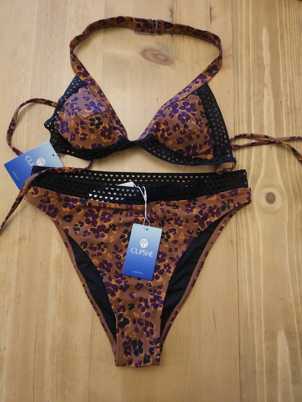 Cupshe Brown & Purple Floral Triangle Bikini with Black Crochet Trim